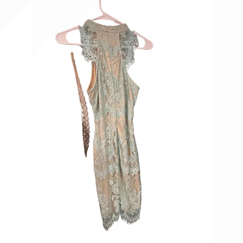 Southern Fried Chics Light Blue Lace‎ Halter Midi Dress Eyelash Trim Size Medium